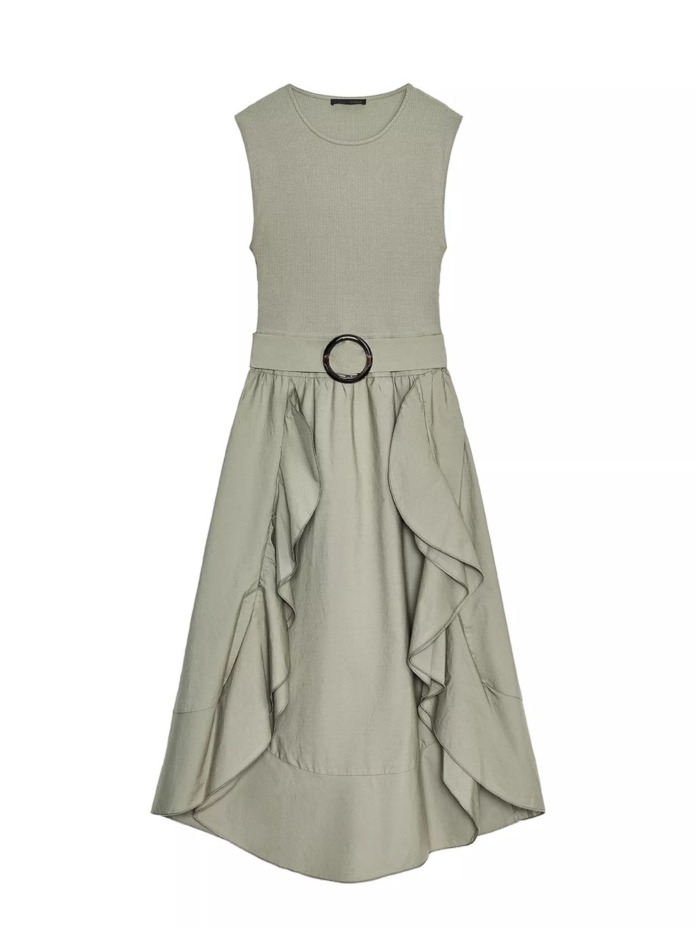 Zara Olive Green Asymmetrical Sleeveless Belted Dress